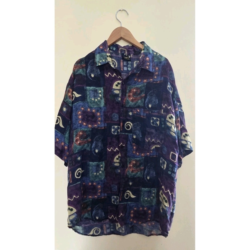 VTG 90s Shah Safari Shirt Large Colorful Abstract 100% Silk Button Up